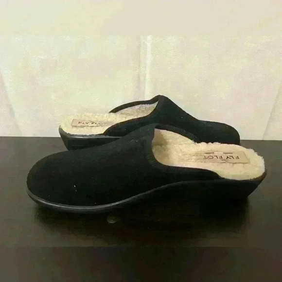 Fly Flot Womens Mule Flat Shoes Black Slip On Sherpa Lined Logo Italy Size 8 - Picture 5 of 8